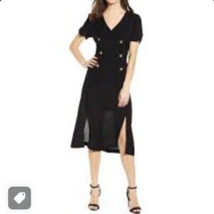 All In Favor Black Double Breasted Button Midi Dress Front Slits Crepe Medium